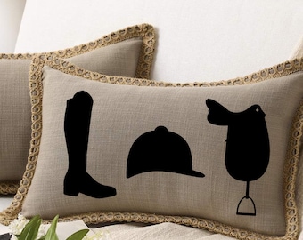 Equestrian Pillow Cover – Horse Riding Boot, Helmet & Saddle Design | Horse Lover Home Decor | Dressage | Farmhouse Throw Pillow Cover