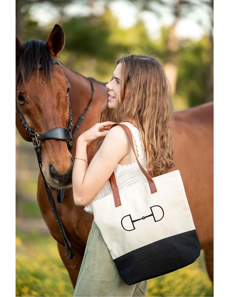 Equestrian Tote Bag with Snaffle Bit | Horse Lover Gift | Canvas Shoulder Bag with Faux Leather Straps | Barn Gear | Horse Show Bag bild 1