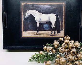 Ottoman Tray | Wooden Tray | Horse Serving Tray | Grey Horse | Black Rectangle Tray |  Wooden Serving Tray | Barn Décor | Tack Room
