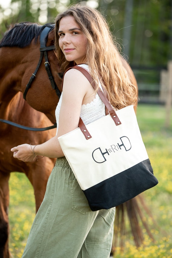 Equestrian Canvas Shoulder Bag Faux Lather Shoulder Straps Canvas