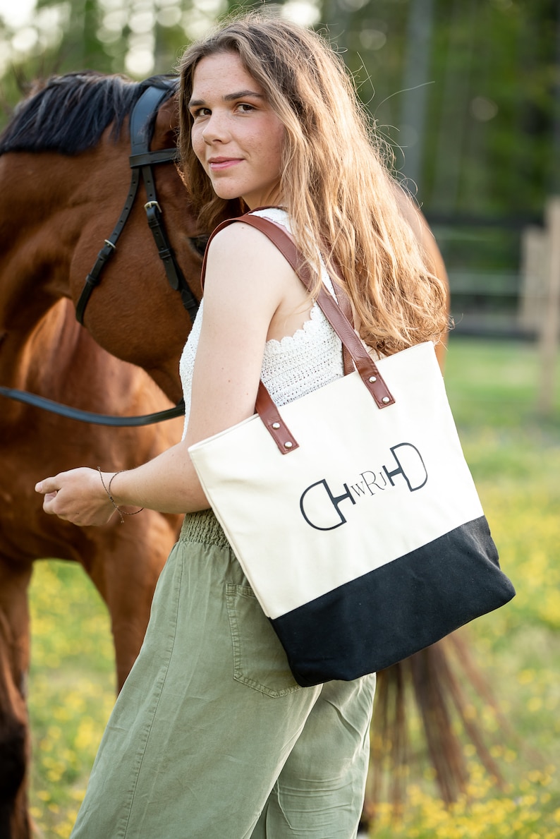 Equestrian Tote Bag with Snaffle Bit | Horse Lover Gift | Canvas Shoulder Bag with Faux Leather Straps | Barn Gear | Horse Show Bag bild 2