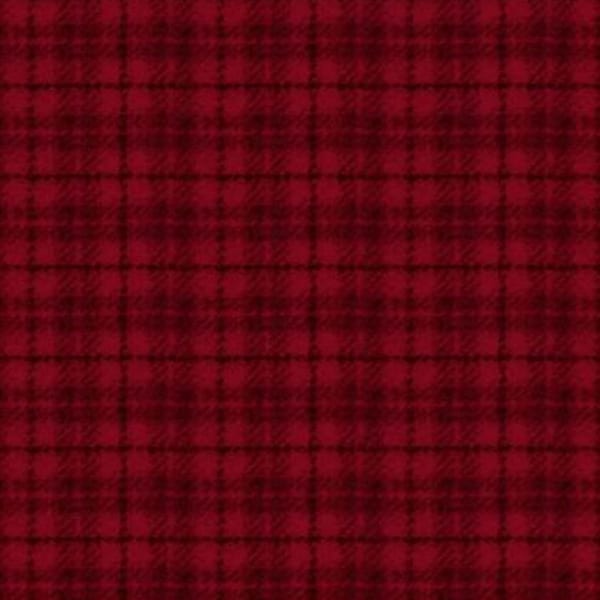 May include: A red and black plaid fabric with a subtle texture.