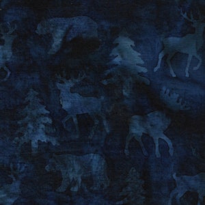 A midnight blue colored fabric featuring deer, elk and bear.