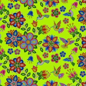 May include: A vibrant green background with a repeating pattern of colorful flowers and hummingbirds. The flowers are made of beads and have a variety of colors, including red, blue, yellow, and green. The hummingbirds are also made of beads and have a variety of colors, including blue, green, and red.