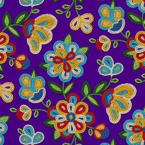 May include: A seamless pattern of colorful beaded flowers on a purple background. The flowers are made of various colors, including red, yellow, blue, and green.