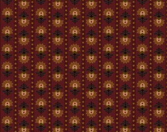 May include: A repeating pattern of stylized flowers in shades of brown, orange, and green on a burgundy background. The flowers are arranged in vertical rows with a row of small stars between each row of flowers.