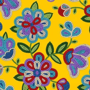 May include: A seamless pattern of colorful beaded flowers on a yellow background. The flowers are made of various colors, including red, blue, purple, and white. The pattern is reminiscent of Native American beadwork.