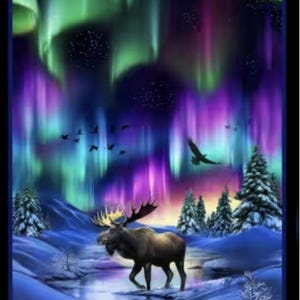 May include: A digital art print depicting a moose in a snowy landscape under the aurora borealis. The sky is filled with vibrant green, purple, and pink hues. Birds and evergreen trees are also visible in the scene.