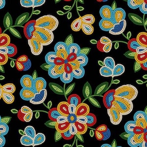 May include: A seamless pattern of colorful beaded flowers on a black background. The flowers are made of various colors, including red, blue, yellow, and green. The pattern is perfect for fabric, wallpaper, or other decorative projects.