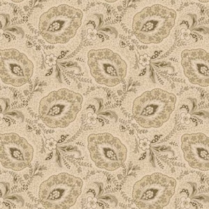 May include: A seamless pattern featuring a beige and brown floral design. The pattern is made up of repeating motifs of stylized leaves, flowers, and paisley shapes.