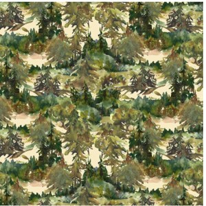 May include: Watercolor forest pattern featuring a repeating design of green and brown trees and foliage. The artwork has a soft, painterly quality with a light beige background. The design evokes a natural, outdoorsy theme.