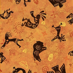 May include: A seamless pattern featuring stylized Native American art. The pattern is on a brown background with black, white, and yellow accents. The pattern includes images of dancers, animals, and geometric shapes.