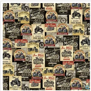 Puede incluir: Un patrón repetido de diseños vintage con temática de motocicletas. El diseño incluye ilustraciones de motocicletas, junto con elementos de texto como "Prince of Speed Motor", "American's Finest" y "Ride Free!" en varios estilos.