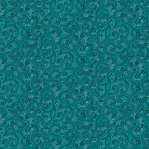 May include: Teal blue background with a repeating pattern of swirling, stylized leaves. The leaves are a lighter shade of teal blue and create a dense, intricate design.