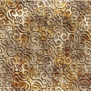 May include: A seamless pattern of intricate, gold-colored swirls and designs on a brown background. The pattern is reminiscent of a vintage, ornate wallpaper or fabric.