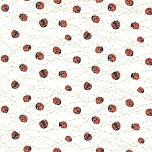 May include: White fabric with a repeating pattern of red and black ladybugs. The ladybugs are scattered across the surface, with dotted lines suggesting their movement. The ladybugs have a red body with black spots.