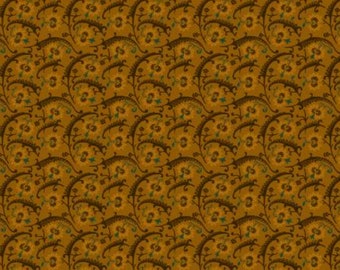 May include: A seamless pattern featuring a repeating design of stylized floral motifs in shades of brown, yellow, and teal on a golden yellow background.