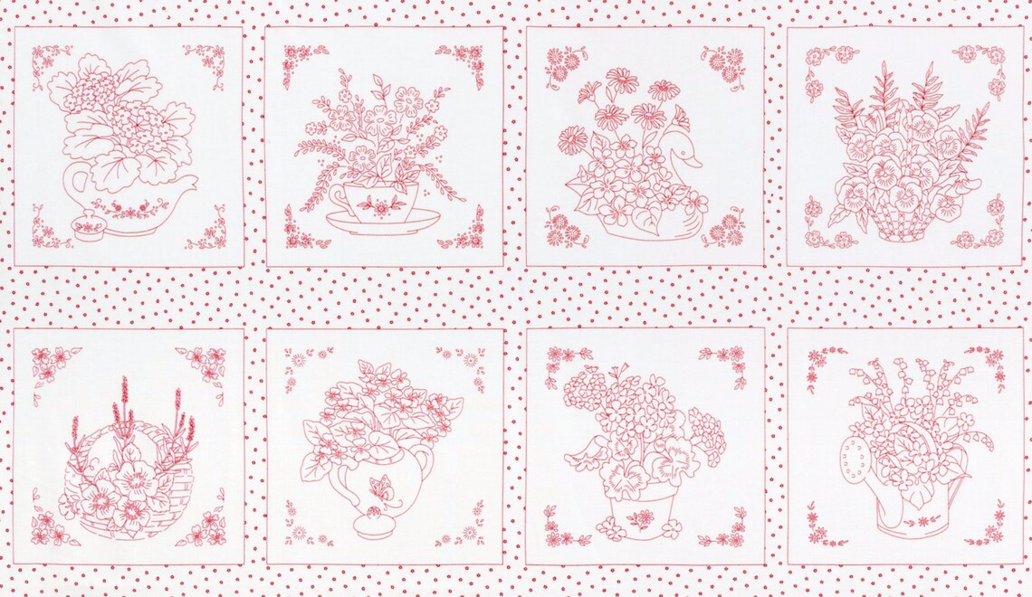 Redwork Teapot/flower Pot Panel by Darlene Zimmerman. Etsy