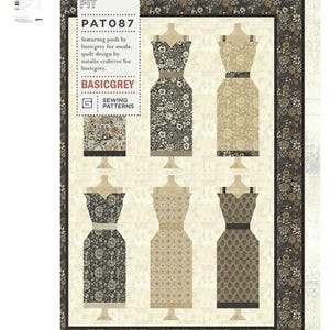 May include: A fabric panel featuring six dress designs on dress forms, each with a unique floral or geometric pattern. The panel includes the text "PERFECT FIT" and "PAT087" along with the brand name "BASICGREY" and "SEWING PATTERNS".