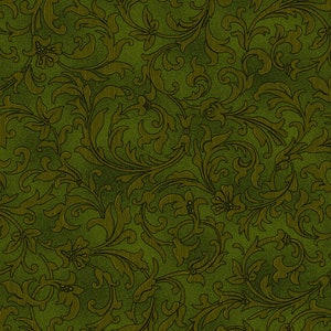 May include: A seamless pattern featuring a repeating design of intricate, stylized floral motifs in a dark green color. The pattern is reminiscent of traditional wallpaper or fabric designs.