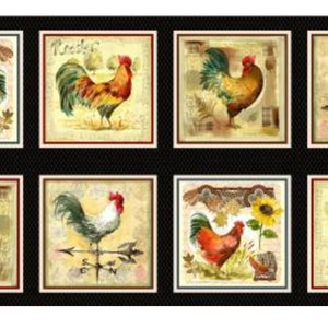 May include: A black background with six square frames, each containing a different illustration of a rooster. The roosters are depicted in various poses and colors, with some featuring a sunflower or a weather vane.