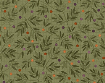 Autumn Harvest flannel with green leaves and berries. Fall flannel by Bonnie Sullivan and Maywood Studio.