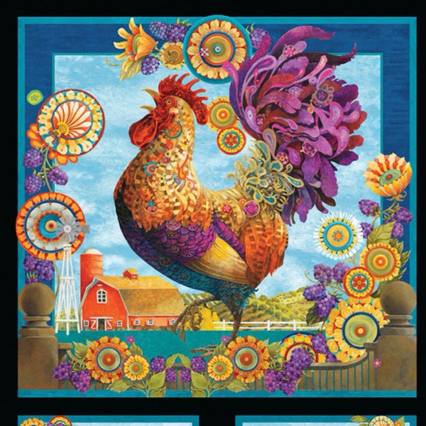 Rooster panel with crowing rooster, lively colors and four barns.