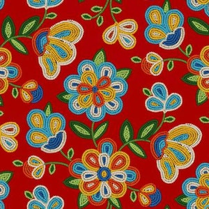 May include: Red fabric with a repeating pattern of colorful beaded flowers. The flowers are in shades of blue, yellow, red, and white. The background is a solid red.