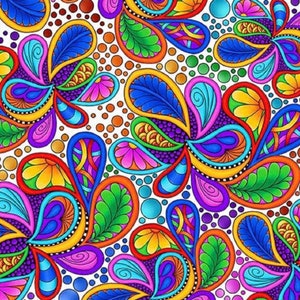 May include: A colorful abstract pattern with swirls, dots, and paisley shapes in shades of blue, green, red, yellow, orange, and purple on a white background.