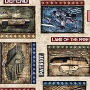 May include: A patriotic fabric featuring a variety of military-themed images, including a tank, a helicopter, a sword, and a rifle. The fabric also includes the text "DEFEND", "HONOR", "PATRIOT", and "LAND OF THE FREE".