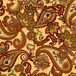 May include: A seamless pattern featuring a repeating paisley design. The pattern showcases intricate floral and teardrop motifs in shades of orange, green, and burgundy against a light yellow background. The design is detailed and ornate, suitable for fabric or wallpaper.