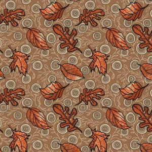 May include: A seamless pattern featuring brown and orange leaves on a beige background. The leaves are arranged in a random pattern and are surrounded by small circles.