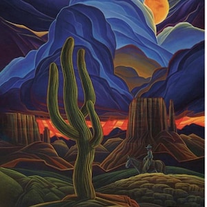 May include: A vibrant painting of a desert landscape at sunset. A large green cactus stands in the foreground, with a cowboy on horseback and a mesa in the background. The sky features a large orange sun and blue mountains.