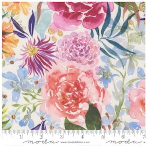 May include: Watercolor floral fabric featuring a variety of flowers in shades of pink, orange, and blue. The design includes large peonies, smaller blossoms, and green foliage on a cream background. The fabric has a ruler printed along the bottom edge.