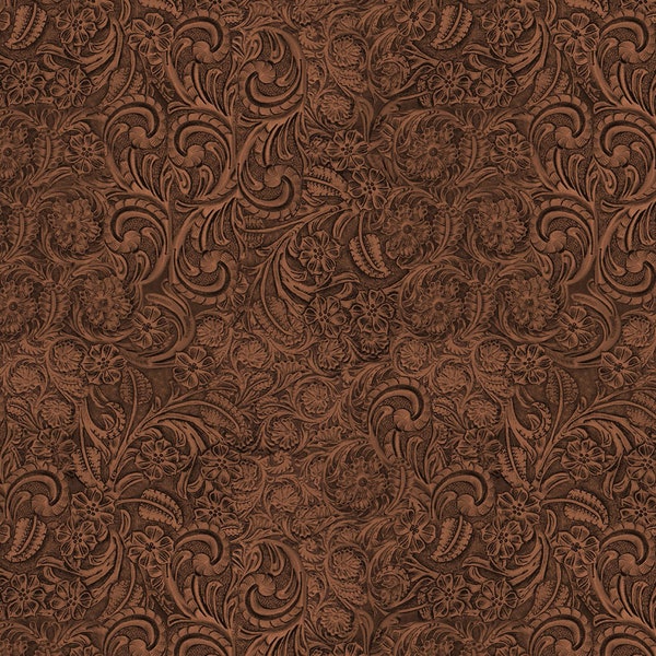 Mahogany colored, tooled leather look from Michael Miller Fabrics.