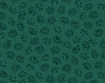 May include: A seamless pattern of teal green floral designs on a dark teal background.