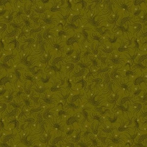 May include: A seamless pattern of dark green, swirling, dotted shapes on a light green background.