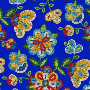 Royal blue, native design,  beadwork look in cotton fabric.