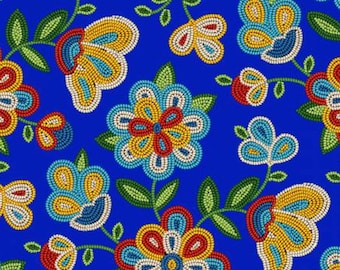 Royal blue, native design,  beadwork look in cotton fabric.