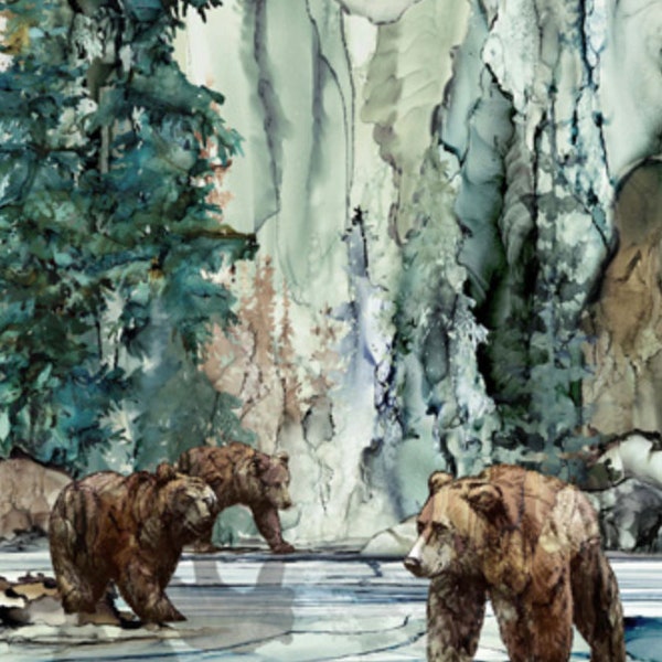 Northcott's line of fabric called "Northern Peaks". This panel features three large bears in a creek with mountains behind them.