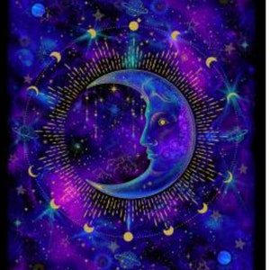 May include: A crescent moon with a face, surrounded by stars and planets, on a dark purple background with gold accents.