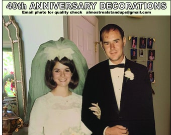 40th Wedding Anniversary Decorations, create a life size custom cardboard cutout of the couple from their wedding day.