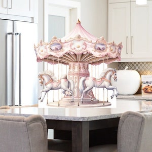 May include: A white carousel horse figurine with a pink and white carousel in the background. The carousel is on a white countertop in a kitchen setting.