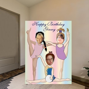 Gymnastics photo opt party prop with three cutout face holes, finished size is 52 inches tall x 38 inches wide