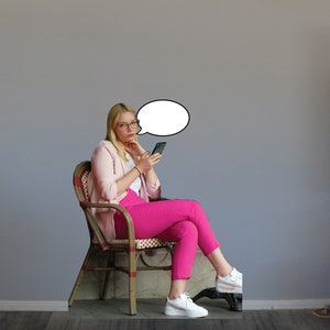 Dry Erase Speech Bubble Life size cardboard cutout from Your Photo with easel on the back so prop will stand