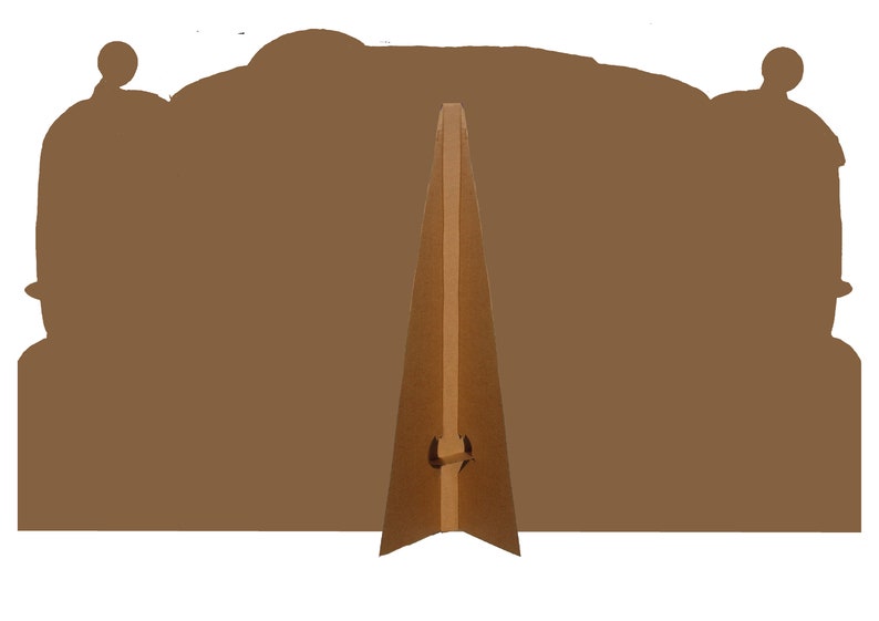 May include: Brown cardboard cutout of a train with a stand for displaying it. The stand is made of brown cardboard and has a fold-over design.
