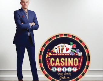 Red and Black Casino Chip Welcome Sign Cardboard Cutout Party Prop with easel on the back