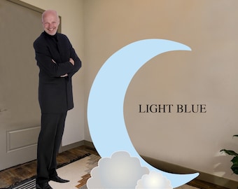 Boy Baby Shower Pastel Blue Crescent Standup Moon Cardboard Cutout standing prop with easel on the back. Can be created in any color.