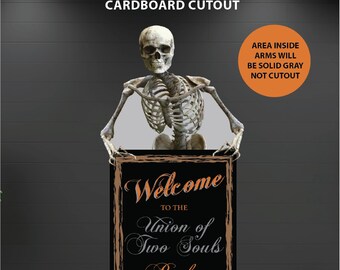 Halloween Skeleton Welcome Sign, Life Size Cardboard Cutout Prop