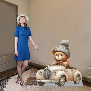 Cute Teddy Bear Driving Car Cardboard Cutout, free standing with easel on back